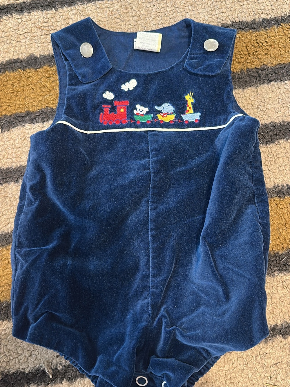 Vintage Navy Velvet Baby Romper with Embroidered Train